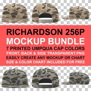 May include: A mockup bundle of Richardson 256P caps in various views, including front, back, and side. The caps feature a camouflage pattern in shades of brown, green, and tan. The text "RICHARDSON 256P MOCKUP BUNDLE" is displayed.