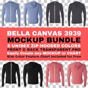 Maqueta de Bella Canvas 3939, unisex, con cierre completo, capucha, manga larga, parte delantera y trasera, PNG transparente, BC3939, tamaño, color, tabla de características, gratis
