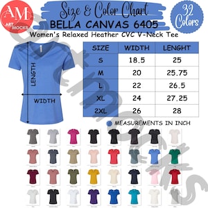 Bella Canvas 6405 Tabla de tallas y colores de camiseta con cuello en V, tabla de tallas de colores 6405, sin tabla editable