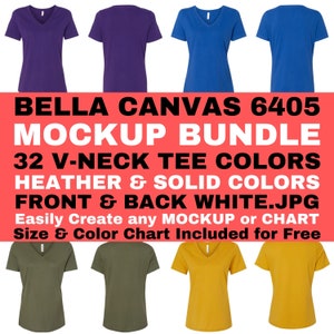 Paquete de maqueta de camiseta relajada de manga corta con cuello en V para mujer Bella Canvas 6405 Parte delantera trasera JPG Blanco Todos los colores jaspeados y sólidos Tamaño Carta de colores