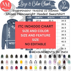 Peut inclure: Tableau des tailles et des couleurs pour un sweat à capuche unisexe lourd. Le tableau montre les tailles XS à 3XL avec les mesures correspondantes en pouces pour la longueur, la largeur et la longueur des manches. Le tableau comprend également une liste de 45 couleurs.