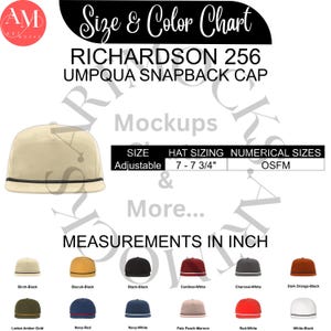 May include: A beige Richardson 256 Umpqua snapback cap with a black brim. The image includes a size and color chart with various hat color options, including Birch-Black, Biscuit-Black, and Navy-Red. Measurements are in inches.