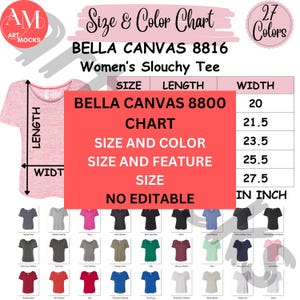 Paquete de gráficos Bella Canvas 8816 para camisetas holgadas para mujer, gráficos de tallas, colores y características, 3 gráficos, no editables