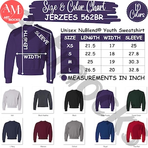 May include: Size chart for youth sweatshirts in 10 colors. The chart shows measurements in inches for length, width, and sleeve length for sizes XS, S, M, and L.