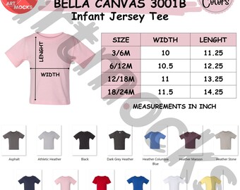 Bella Canvas 3001B Infant Jersey Tee Size and Color Chart, 3001B Color Size Chart, No Editable Chart