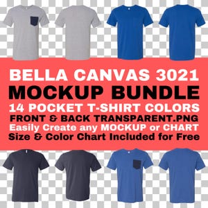 Maqueta Bella Canvas 3021: Camiseta unisex con bolsillo, parte delantera y trasera, PNG, fondo transparente / Tabla de tallas y colores BC3021 / Descarga instantánea