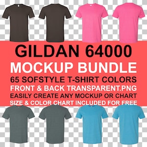 Gildan 64000 Tshirt Mockup Bundle Front and Back PNG Transparent Background G64000 Color and Size Chart Included For Free