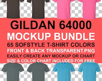 Gildan 64000 T-Shirt Mockup Bundle: Front & Back PNG, Color Chart