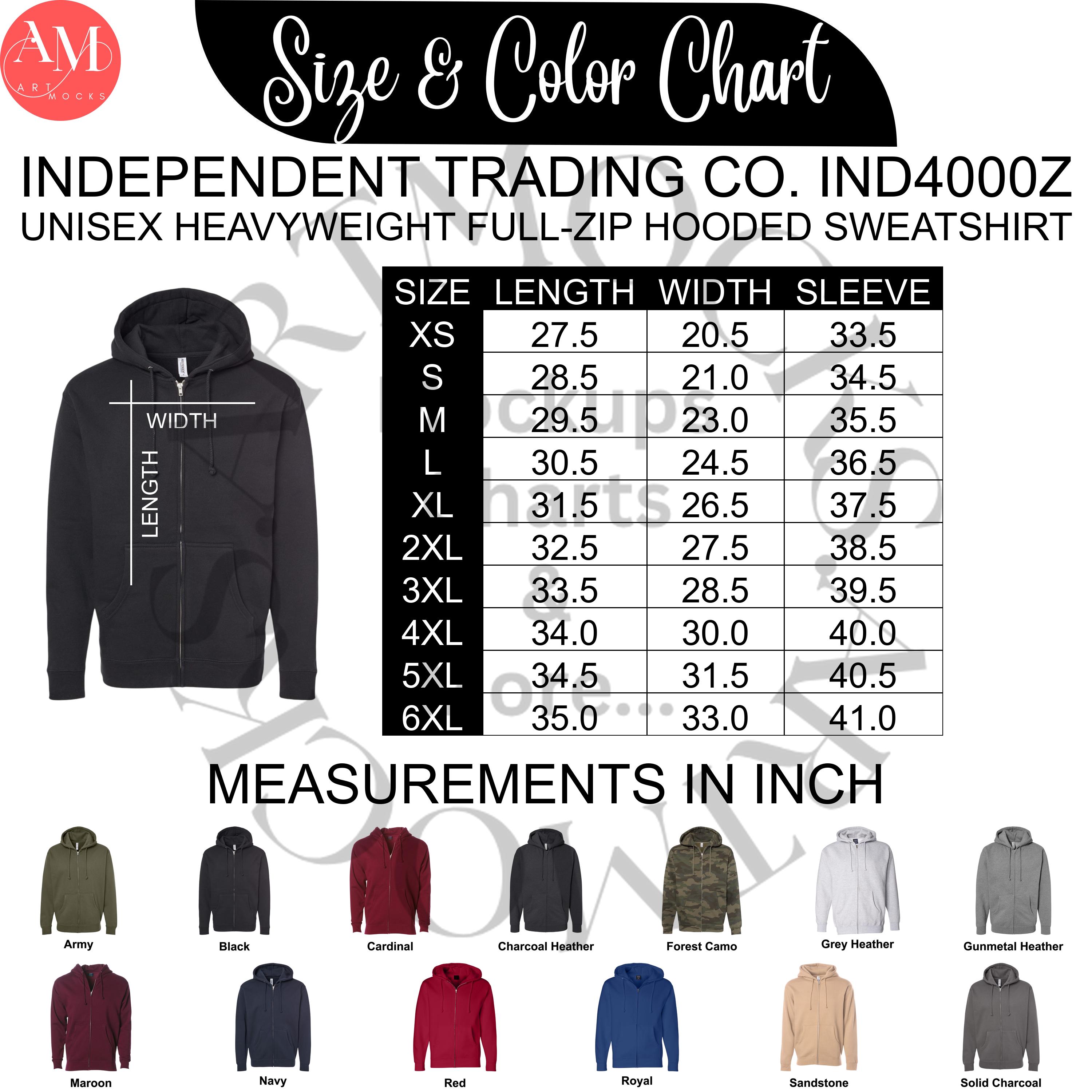 IND4000Z Hoodie Size and Color Chart Bundle (PNG Digital Download