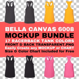 Bella Canvas 6008 Paquete de maquetas Camiseta sin mangas con espalda cruzada para mujer Parte delantera y trasera PNG Fondo transparente BC6008 Tamaño Carta de colores incluida gratis