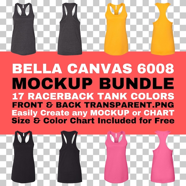 Bella Canvas 6008 Mockup Bundle Womens Jersey Racerback Tank Front and Back PNG Transparent Background BC6008 Size Color Chart Included Free
