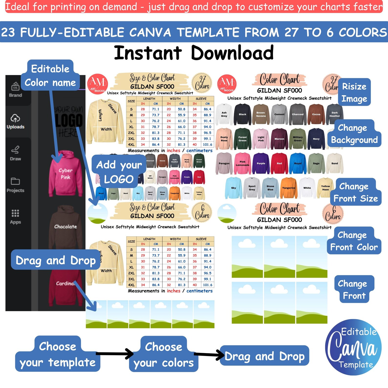 Color/size Layout Gildan SF000 Sweatshirt Color & Size Chart Canva Template (IN/CM) - Etsy