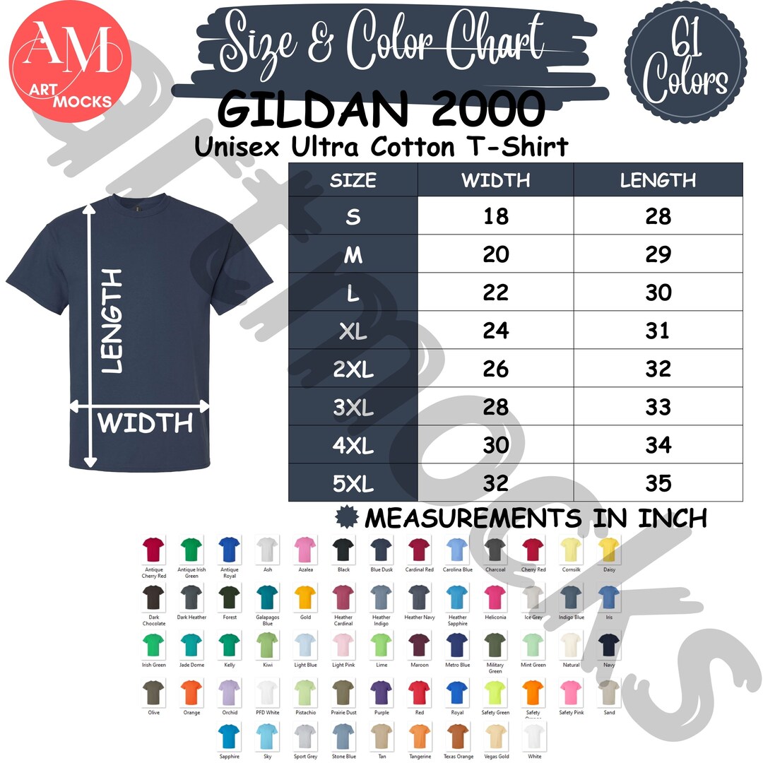 Gildan 2000 Unisex T-shirt Size and Color Chart (digital Download