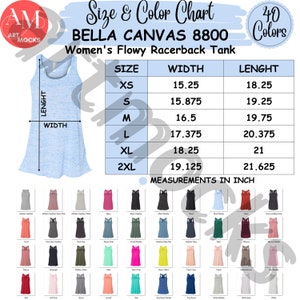 Bella Canvas 8800 Racerback Tank Size and Color Chart, 8800 Color Size Chart, No Editable Chart