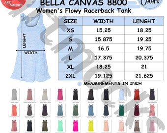 Bella Canvas 8800 Racerback Tank Size and Color Chart (Digital Download)
