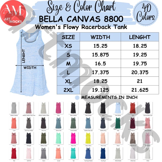 Bella Canvas 8800 Racerback Tank Size and Color Chart (digital