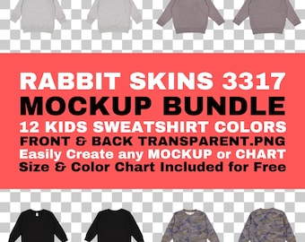 Rabbit Skins 3317 Mockup Bundle: Toddler Fleece Crewneck Sweatshirt (PNG, Size/Color Chart)