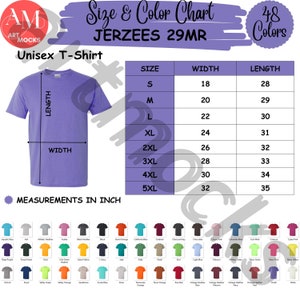 Jerzees 29MR T-Shirt Size and Color Chart (Digital Download)