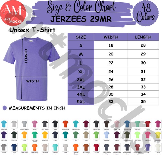 Jerzees 29MR T-shirt Size and Color Chart (digital Download) - Etsy