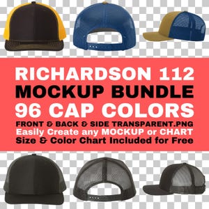 May include: A set of three black, blue, and brown baseball caps with mesh panels. The caps have a flat brim and a structured crown. The caps are on a white background. RICHARDSON 112 MOCKUP BUNDLE 96 CAP COLORS FRONT & BACK & SIDE TRANSPARENT.PNG Easily Create any MOCKUP or CHART Size & Color Chart Included for Free