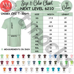 Next Level 6210 CVC Tシャツのサイズとカラーチャート（デジタルダウンロード）