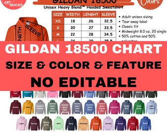 Gildan 18500 Hoodie Color Size Feature Chart No Editable