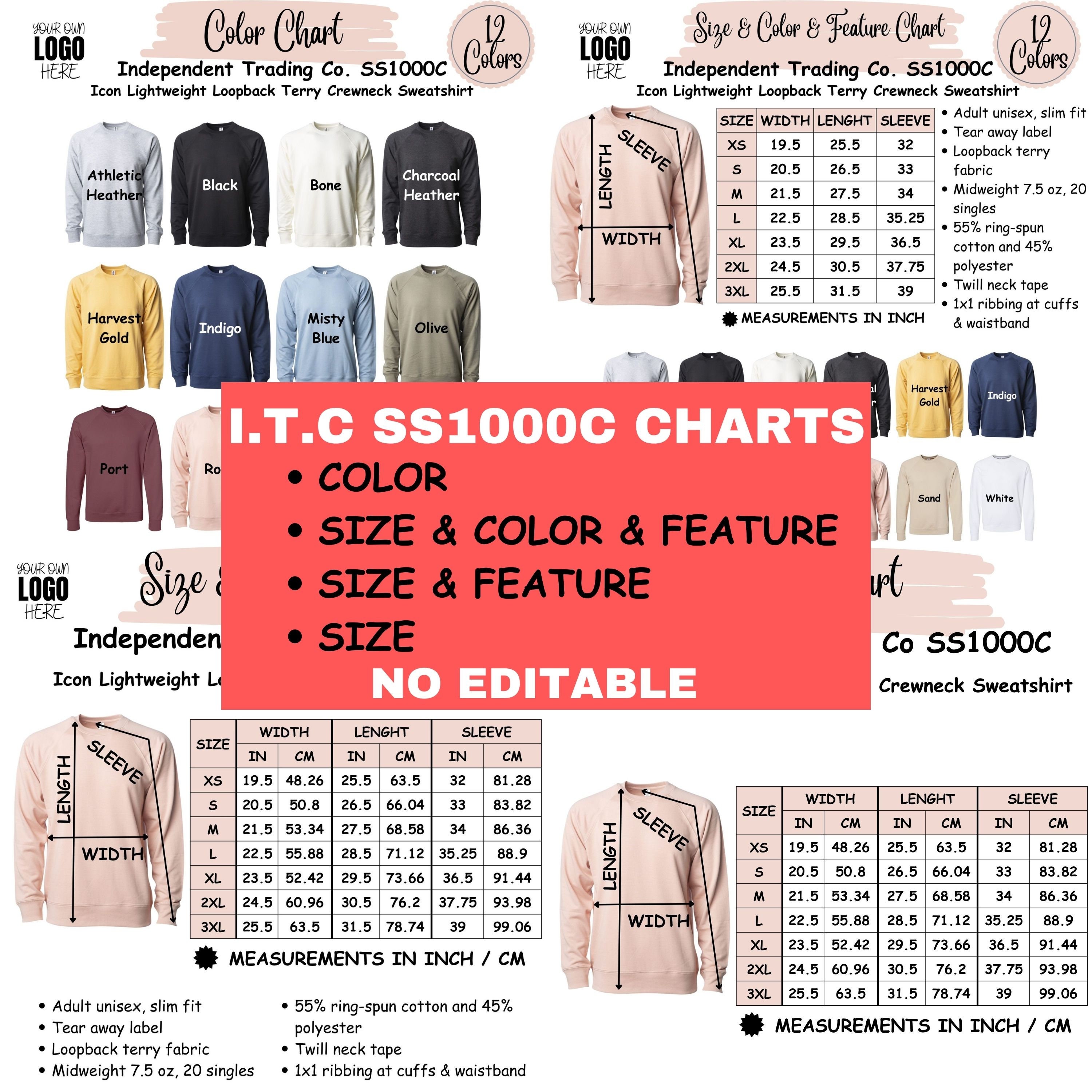 Independent Trading Co SS1000C Size Color and Feature Chart No Editable Etsy