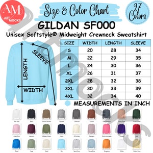 Gildan SF000 Sweatshirt Size Chart: Unisex Softstyle Midweight (Digital Download)