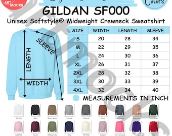 Gildan SF000 Sweatshirt Size Chart: Unisex Softstyle Midweight (Digital Download)