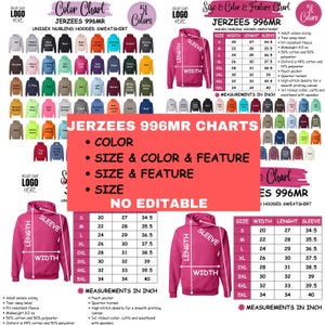 May include: A chart showing the color, size, and features of a unisex hooded sweatshirt. The chart includes a color chart with 51 different colors, a size chart with measurements in inches, and a feature chart that lists the details of the sweatshirt, such as the fabric composition and construction.