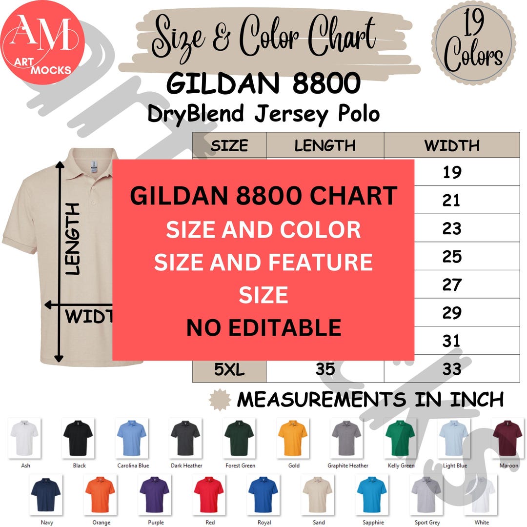 Color 7884 Gildan 8800 Jersey Polo Chart Bundle: Size, Color, Feature (JPG Digital ...