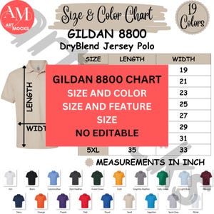 Gildan 8800 Jersey Polo Chart Bundle: Storlek, Färg, Funktioner (JPG Digital Nedladdning)