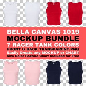Bella Canvas 1019 Mockup Bundle Camiseta sin mangas de mujer con microcanales PNG transparente en la parte delantera y trasera BC 1019 Tamaño Color Tabla de características incluida de forma gratuita
