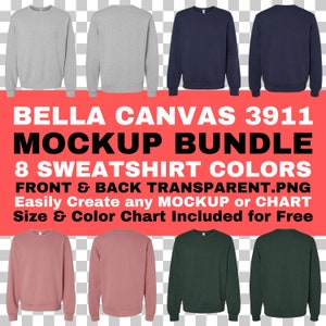 Bella Canvas 3911 Paquete de maquetas Unisex Esponja Fleece Sudadera clásica con cuello redondo Parte delantera trasera Transparente PNG Maqueta Color Tabla de tallas incluida