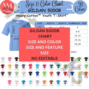 Gildan 5000B Unisex Heavy Cotton Youth T-Shirt Size Color Feature Chart, G5000B Color Size Feature Chart, No Editable Chart