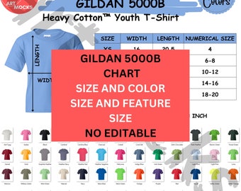 Tabla de tallas de camisetas juveniles Gildan 5000B: Guía de colores y características (Descarga digital)