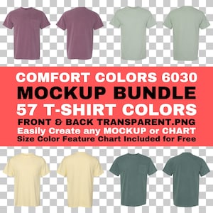 May include: A mockup bundle of 57 t-shirt colors in front and back views. The t-shirts are shown in various colors, including purple, green, yellow, and teal. The text "COMFORT COLORS 6030 MOCKUP BUNDLE 57 T-SHIRT COLORS FRONT & BACK TRANSPARENT.PNG Easily Create any MOCKUP or CHART Size Color Feature Chart Included for Free" is displayed on a red background.