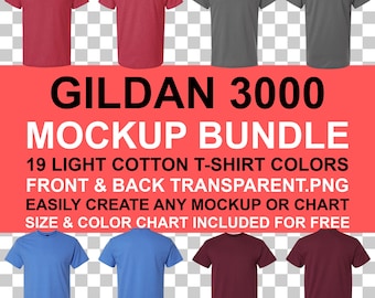 Gildan 3000 Mockup Bundle: Light Cotton T-Shirt, Size Color Chart (PNG Instant Download)