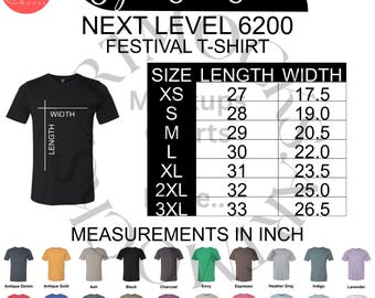 Next Level 6200 T-Shirt Größentabelle (Instant Download, Inch)