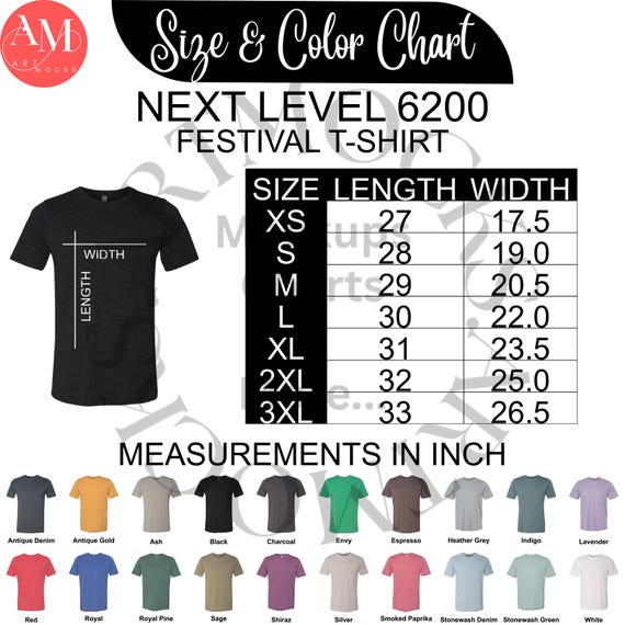 Next Level 6200 T-shirt Size Chart Bundle (instant Download, Inch