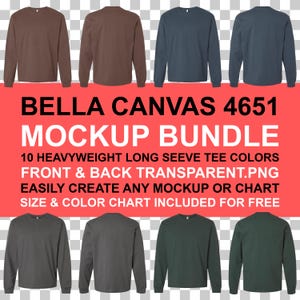 Maqueta de camiseta unisex de manga larga Bella Canvas 4651 (parte delantera y trasera, PNG, fondo transparente) / Tabla de tallas y colores BC4651 / Descarga instantánea