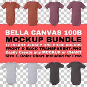 May include: A mockup bundle featuring infant jersey one-piece bodysuits in various colors. The image displays several bodysuits in shades of brown, purple, gray, and charcoal. Text on a red background reads "BELLA CANVAS 100B MOCKUP BUNDLE".