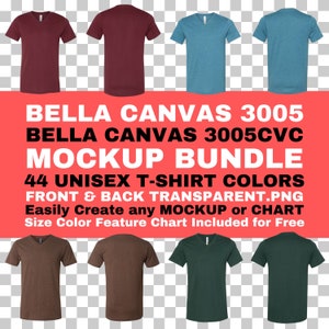 Paquete de maquetas Bella Canvas 3005 y 3005CVC Camiseta unisex con cuello en V Parte delantera trasera PNG Fondo transparente BC3005 Color Tamaño Tabla de características gratis