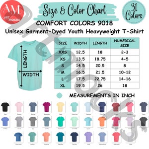 May include: Size and color chart for youth heavyweight t-shirts. The chart shows sizes from XXS to XL with corresponding width and length measurements in inches. The chart also includes a numerical size range for each size. The chart is accompanied by a color chart showing 31 different colors of t-shirts.