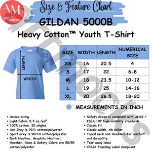 Gildan 5000B Unisex Heavy Cotton Youth T-Shirt Size and Feature Chart, G5000B Sizing Feature Guide, No Editable Chart
