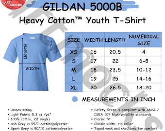 Gildan 5000B Youth T-Shirt Size Chart (Digital Download)