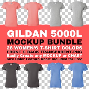 Gildan 5000L モックアップ バンドル 厚手コットン レディース T シャツ 前面 背面 PNG 透明背景 g5000L サイズ カラー 機能表 無料