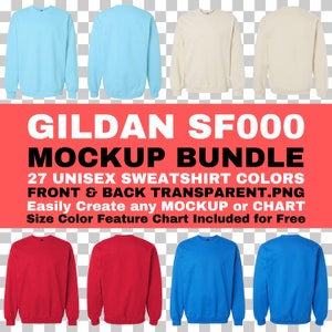 Gildan SF000 Mockup Bundle Unisex Softstyle Midweight Crewneck Sweatshirt Front Back PNG Transparent SF000 Size Color Feature Chart For Free