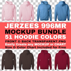 Jerzees 996MR Mockup Bundle Sudadera unisex NuBlend con capucha, parte delantera y trasera PNG, fondo transparente, tabla de tallas y colores J996MR - Descarga instantánea