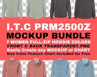 May include: A mockup bundle of seven women's full-zip hoodies in different colors. The hoodies are shown in front and back views, with a transparent background. The text "I.T.C PRM2500Z MOCKUP BUNDLE" is displayed at the top of the image. The text "7 WOMEN FULL-ZIP HOODIE COLORS FRONT & BACK TRANSPARENT.PNG Easily Create any MOCKUP or CHART Size Color Feature Chart Included for Free" is displayed below the image.